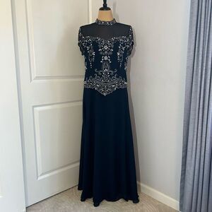 Real Clothes Saks Fifth Avenue Navy Blue Embroidered Sequence Dress